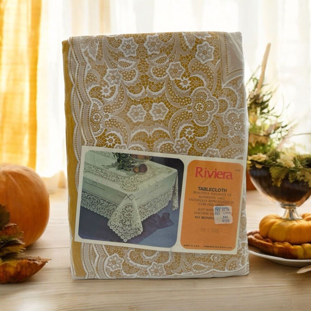 VINTAGE RIVIERA Natural LACE VINYL TABLECLOTH NEW IN PKG EASY CARE 60”x 106”